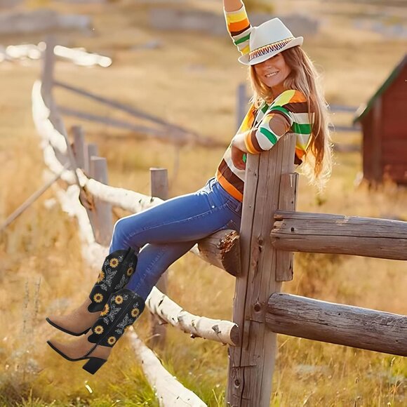 Nzzoo Western Boots Women Black Cowboy Wide Mid Calf Cowgirl Shoes - Picture 6 of 7